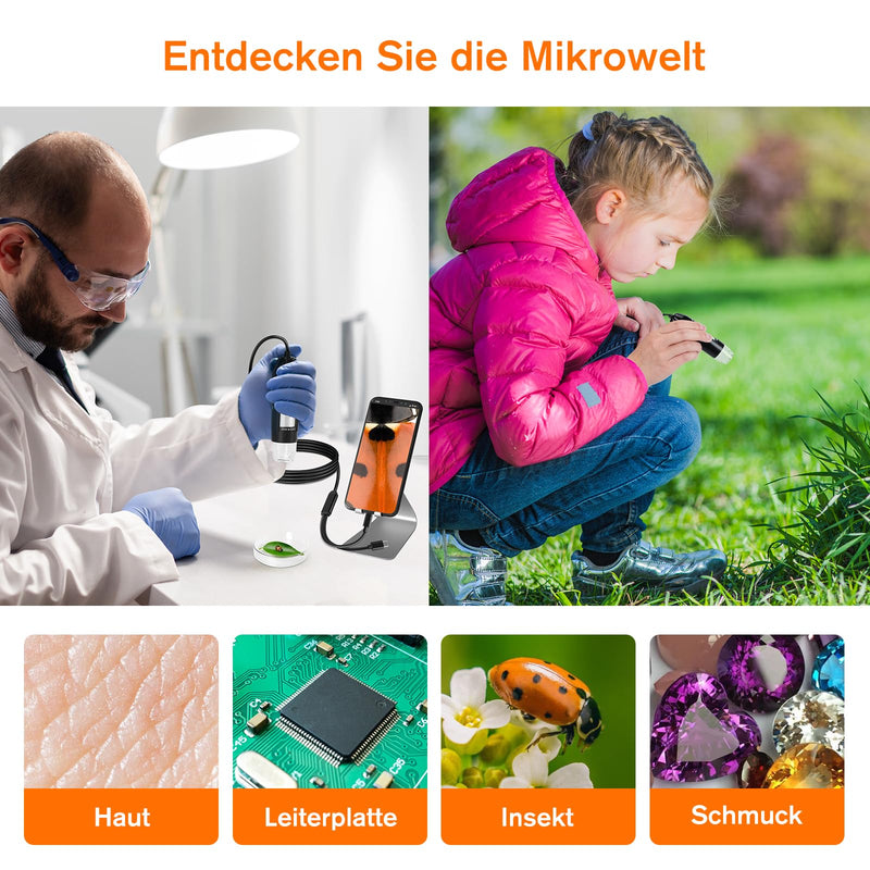 [Australia - AusPower] - WADEO Digital Microscope, USB Microscope 1440P HD with 50X-1600X Magnification, Portable Inspection Camera, WiFi-Free, Wired Handheld Microscope with 8 LEDs and Stand, iOS, Android and Tablets 