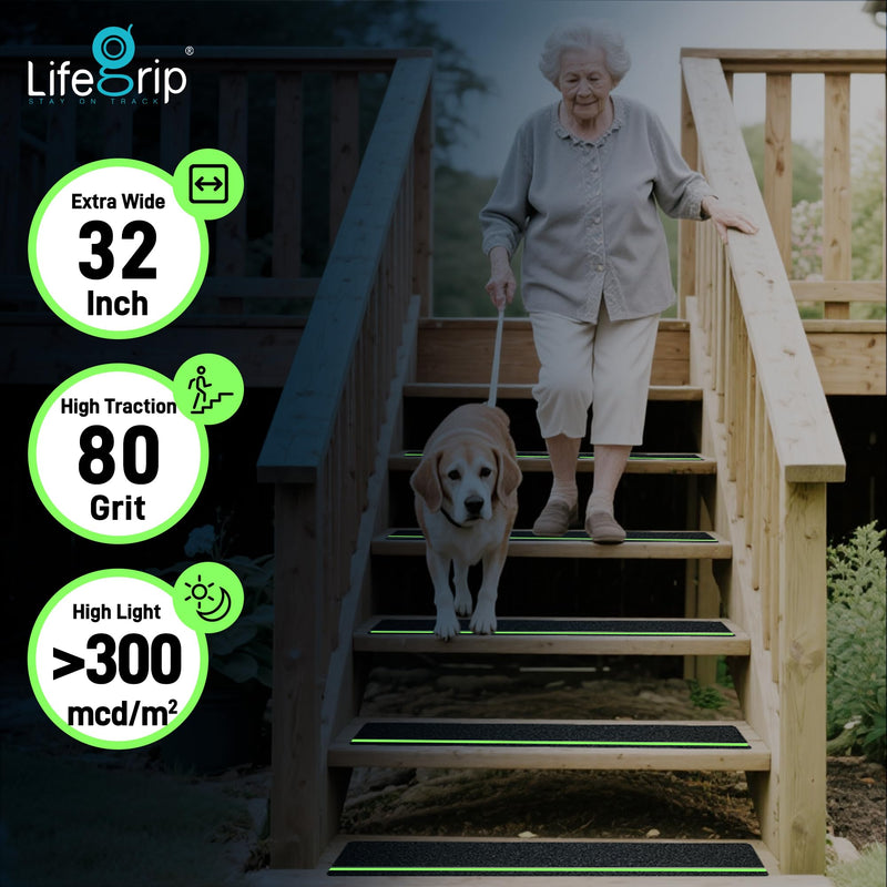 LifeGrip Anti Slip Traction Treads 10 Pack, 6"x32" with Glow in Dark Stripe, Best Grip Tape Grit Non Slip, Outdoor Non Skid Tape, High Traction Friction Abrasive Adhesive for Stairs Step 6" x 32"