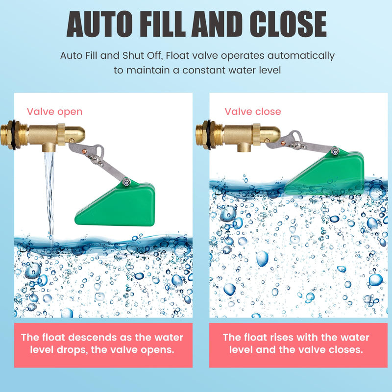 3/4 Inch Float Valve, Brass Water Float Valve for Water Tank, Float Ball Valve with Adjustable Arm for Livestock Waterer, Fountain, Aquarium, Aquaculture, Auto Water Level Control (2, green) 2