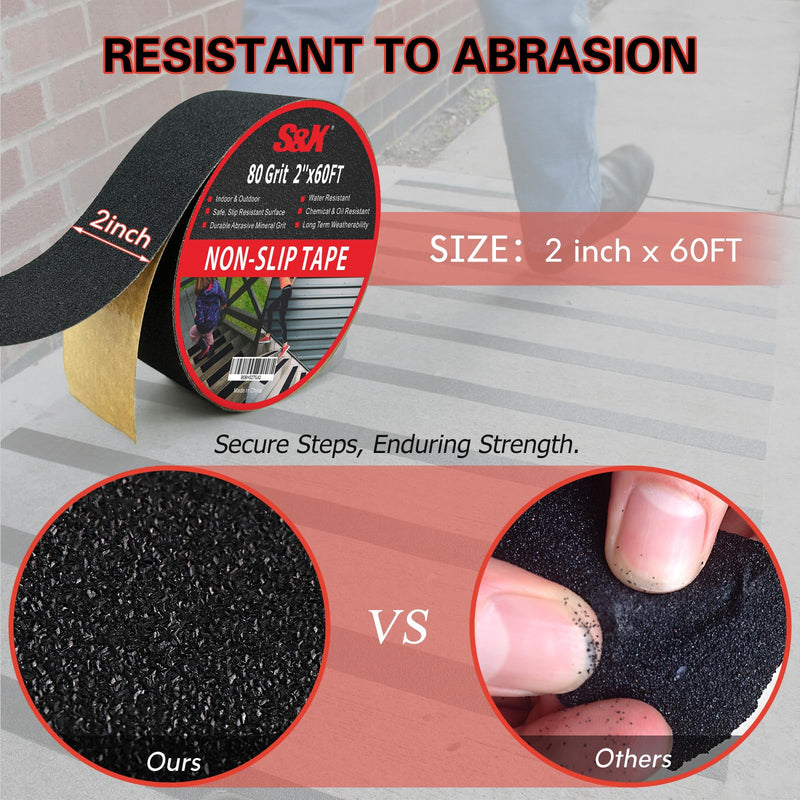 S&X Anti Slip Tape, 2 Inch x 60 Ft Non Slip Tape for Outdoor Steps, Non Skid High Traction Grip Tape for Stairs Waterproof, Corundum Surface, Polyester Film Based, Long-Lasting, Black 2" x 60'