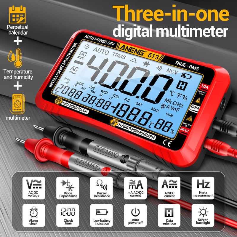 ANENG Digital Multimeter Tester,4000 Counts Voltage Tester,Auto-Ranging TRMS Volt Meter,Large LCD Ohm Meter Measures AC/DC Current,Voltage,Resistance, Diode,Continuity,Capacitance,Temperature(Red) 613 Red Large Screen