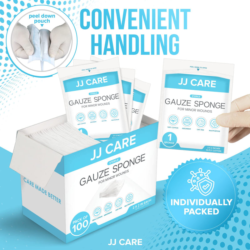 [Australia - AusPower] - JJ CARE Sterile Gauze Pads 2" x 2" (Pack of 100), 12-Ply Cotton Gauze Pads, Individually-Wrapped Sterile Gauze Sponges, 100% Woven, Non-Stick Medical Gauze Pads for First Aid Kit & Wound Care 2x2 Inch (Pack of 100) 