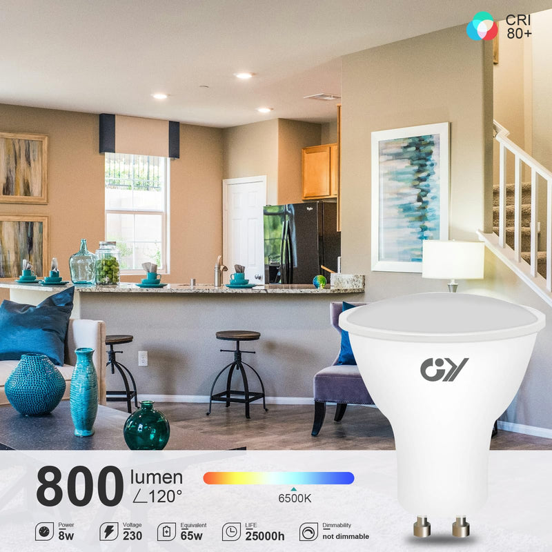 [Australia - AusPower] - GY GU10 LED Cool White Bulb, 8 W, 6500 K, 800 Lumens, Cool White Bulbs, Replaces 80 W Bulbs, 120° Beam Angle Reflector, Not Dimmable, Pack of 12 8w-6500k 12 Stück (1er Pack) 