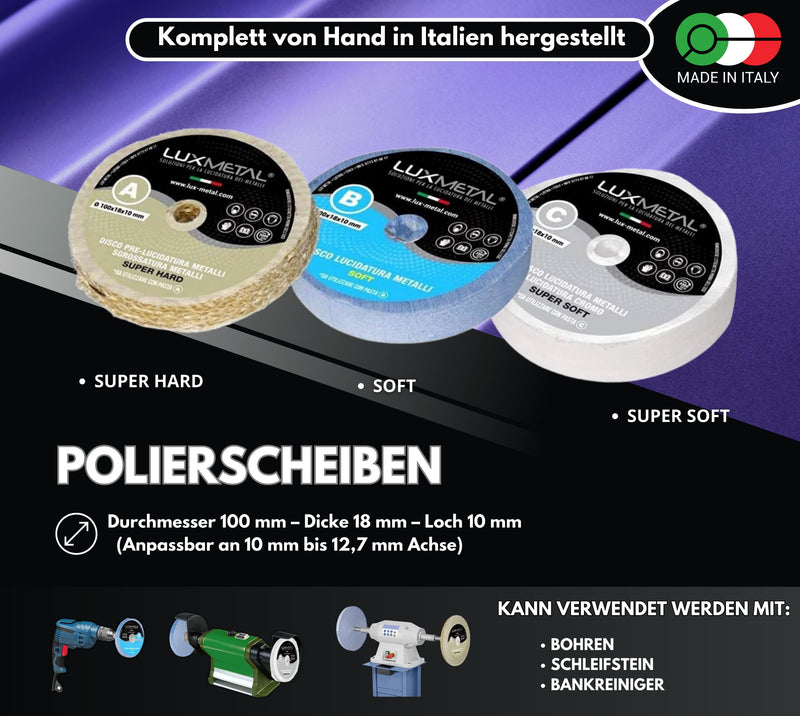 [Australia - AusPower] - Lux Metal 3 Polishing Paste 250 g - 3 Polishing Discs 100 mm, Polishing Set DIY Kit Sanding Paste Metal, Aluminium, for Drill, Stainless Steel, Brass, Copper, Wood, Plastic, Grinding Machines, Knives 