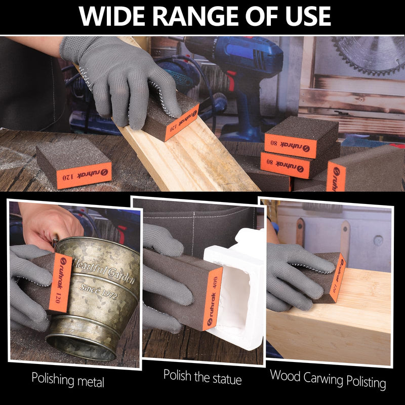 [Australia - AusPower] - Sruhrak Sanding Block 12 Pieces Hard Sanding Sponge, 80/100/120/180/320/400 Grit Wet Dry Reusable Sanding Pad for Wood, Plastic, Plasterboard and Metal Polish 12 pcs-80/100/120/180/320/400 grit (2 pieces each) 