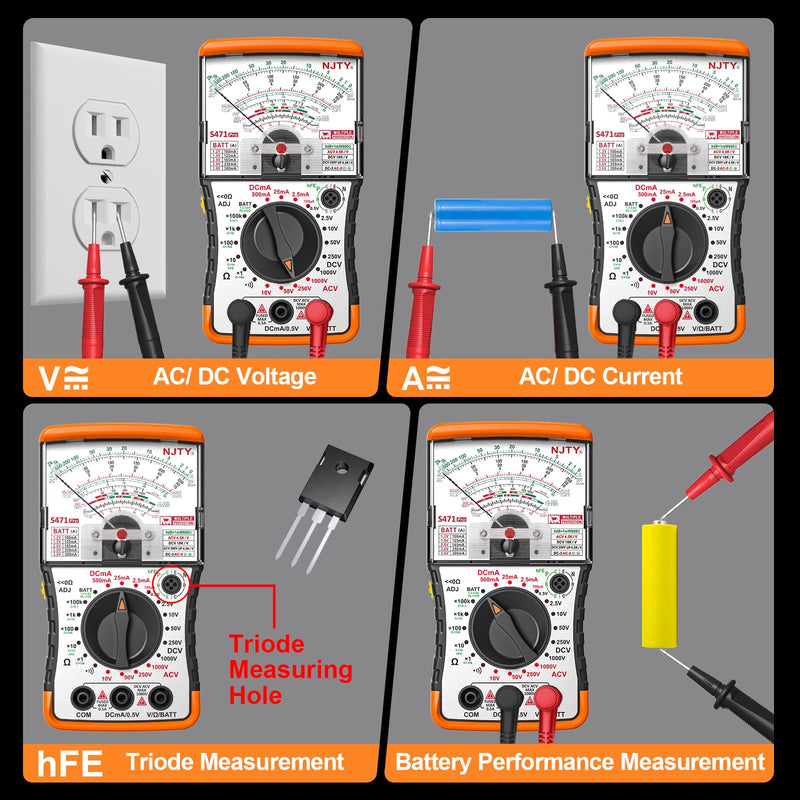 [Australia - AusPower] - S471 Analog Multimeter – Needle Meter for DC/AC Voltage, DC Current, Resistance, Continuity, hFE, Battery/Load Test, dB Level, with Built-in Backup Fuses 