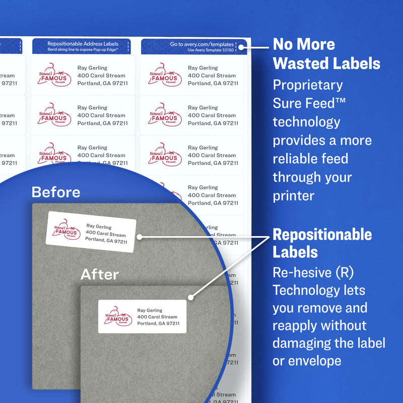 Avery Repositionable Printable Shipping Labels with Sure Feed, 2" x 4", White, 250 Blank Mailing Labels (58163) 2 in. X 4 in. 1