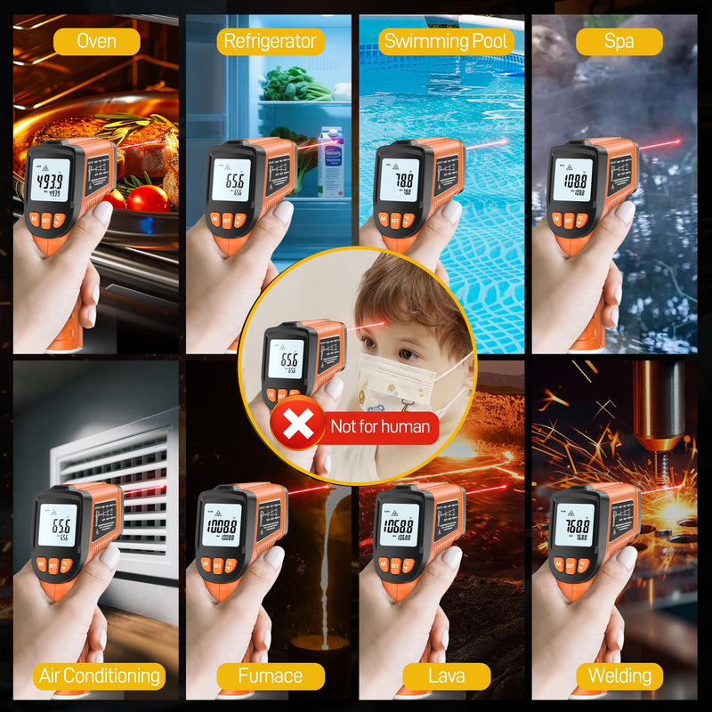 [Australia - AusPower] - Infrared Thermometer Gun, Infrared Temperature Gun for Cooking, Laser Thermometer Gun -58℉~1076℉ with Adjustable Emissivity & Max/Min, Suitable for Industry, ovens, HVAC (Not for Human) Orange 