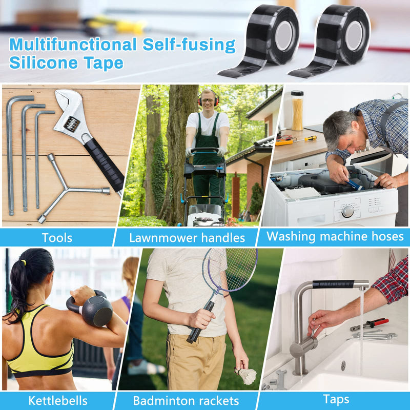 Black Self Fusing Silicone Tape, 2 PCS 1" X 11.8 Ft Silicone Rubber Rescue Tape for Pipe Hose Repair Plumbers Stop Leaking Waterproof Silicone Grip Thick Tape