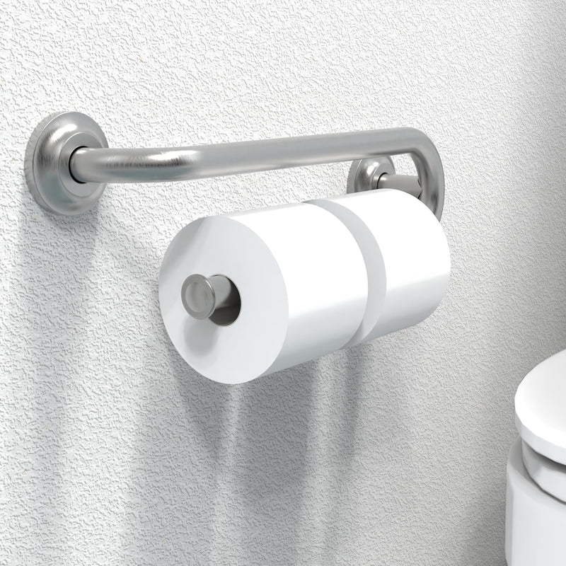 Grab Bar with Integrated Toilet Paper Holder for 2 Mega Rolls (Kitchen Paper Towel Holder or Bathroom Towel Bar), 16in Stud Mount, 250lbs Weight Support, Rustproof (Right, Brushed Nickel) Right