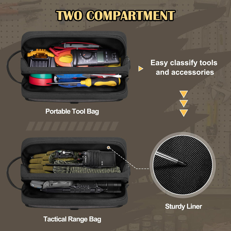Small Canvas Tool Pouch with Zipper, 12 Inch Tool Organizer Bag, Double Layer Utility Storage Bag with Shoulder Strap for Electrician, Black/Gray (Empty Bag)