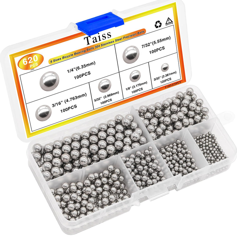 Taiss 620PCS 304 Stainless Steel Precision Balls 6 Sizes 1/4" 7/32" 3/16" 5/32" 1/8" 3/32" Precision Balls Assortment Kit F-086-620PCS