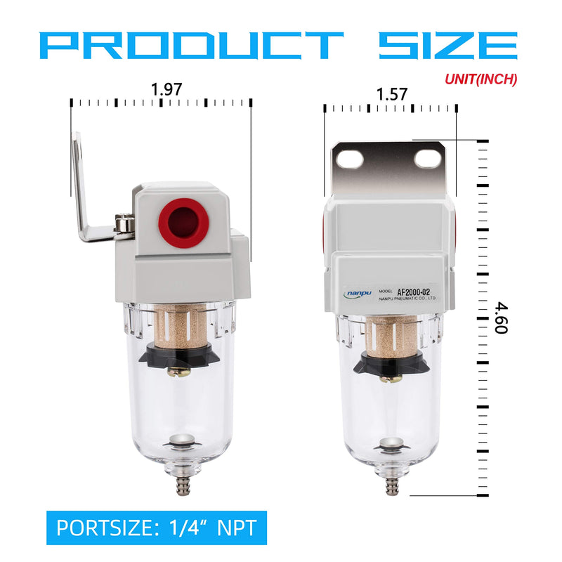 [Australia - AusPower] - NANPU 1/4" NPT Compressed Air Line Filter, 5 Micron Brass Element, Bracket, Poly Bowl, 145 psi 