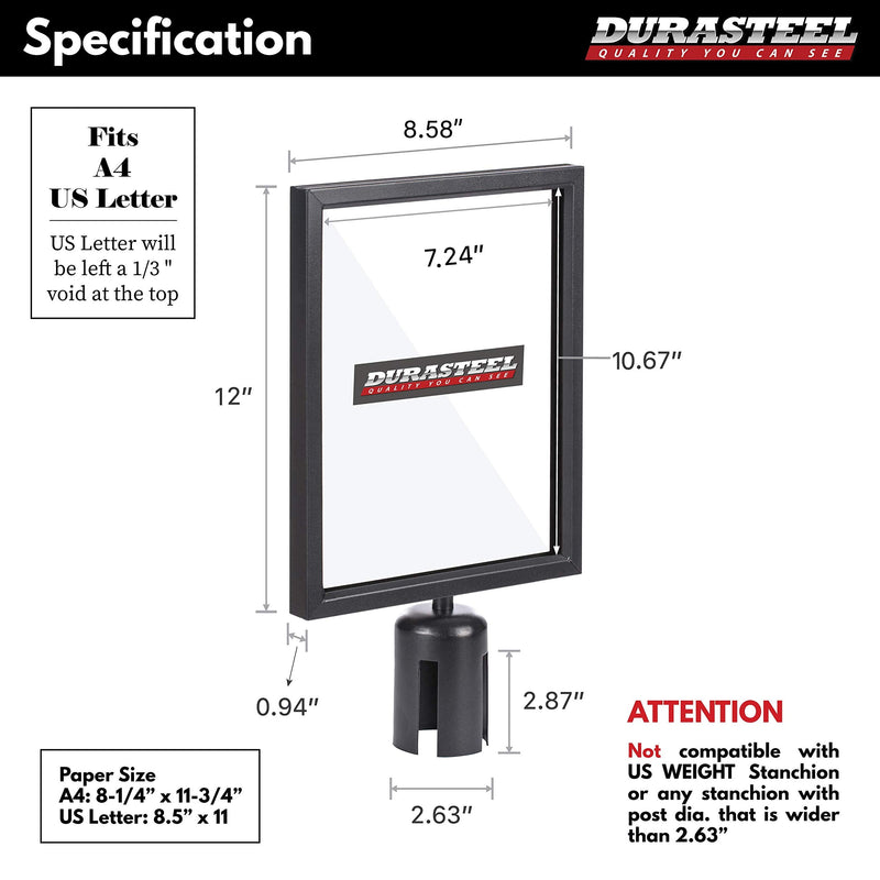 DuraSteel Portrait Display Stanchion Sign Holder - Double Sided Frame for 8.5'' x 11'' - Crowd Control & Queue Barrier With Social Distancing Warning Sign - NOT Fit with US Weigh Sentry Stanchion Social Distancing Sign
