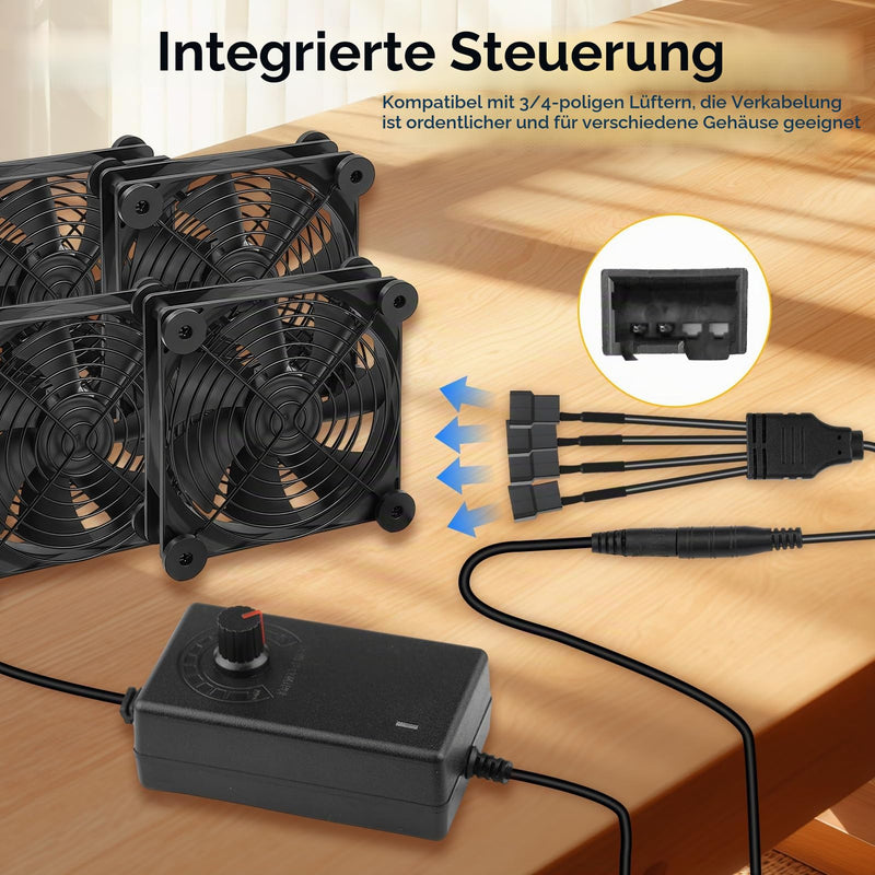 4 Pin PWM Fan Controller with 12 V Power Supply, Fan Speed Controller 100-240 V AC to 3-12 V DC 24 W 2A, Fan Speed Control Module with 1 to 4 Splitter Cable for PC Fan Receiver DVR Console
