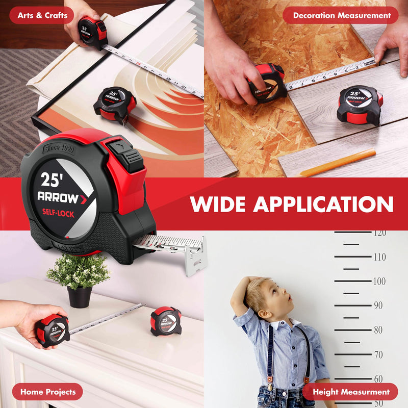 Arrow 25FT Auto-Lock Tape Measure, 2PCS Easy Read Measuring Tape with Fractions 1/8″, Double Sided Measurement Tape with 1″ Blade, Belt Clip, Dual-End Metal Hook, and Rubber Protective Casing 2