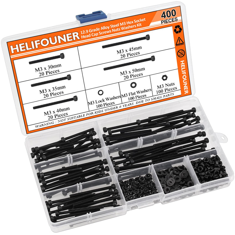 [Australia - AusPower] - 400 Pieces M3 x 30mm /35mm /40mm /45mm /50mm, Hex Socket Head Cap Metric Screws Bolts Washers Nuts Kit, 12.9 Grade Alloy Steel, Fully Threaded, Black M3 x 30/35/40/45/50mm 