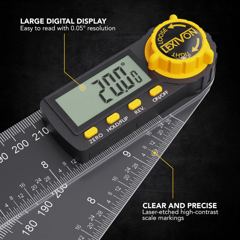 [Australia - AusPower] - LEXIVON Aluminum Digital Angle Finder Gauge, 10-inch/250mm Multi-Purpose Protractor, Includes XL Display and Rugged Zippered Pouch (LX-DAF10) 10 Inch 