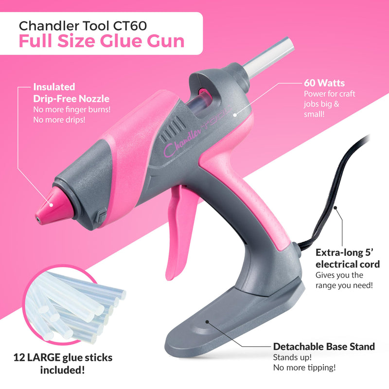 [Australia - AusPower] - Full Size Hot Glue Gun Kit for Construction, DIY & Crafts, Chandler Tool 60W High Temp Large Glue Gun with Stand-Up base & 12 Glue Sticks, Perfect for Home Repair, Arts & Crafts, Pink 