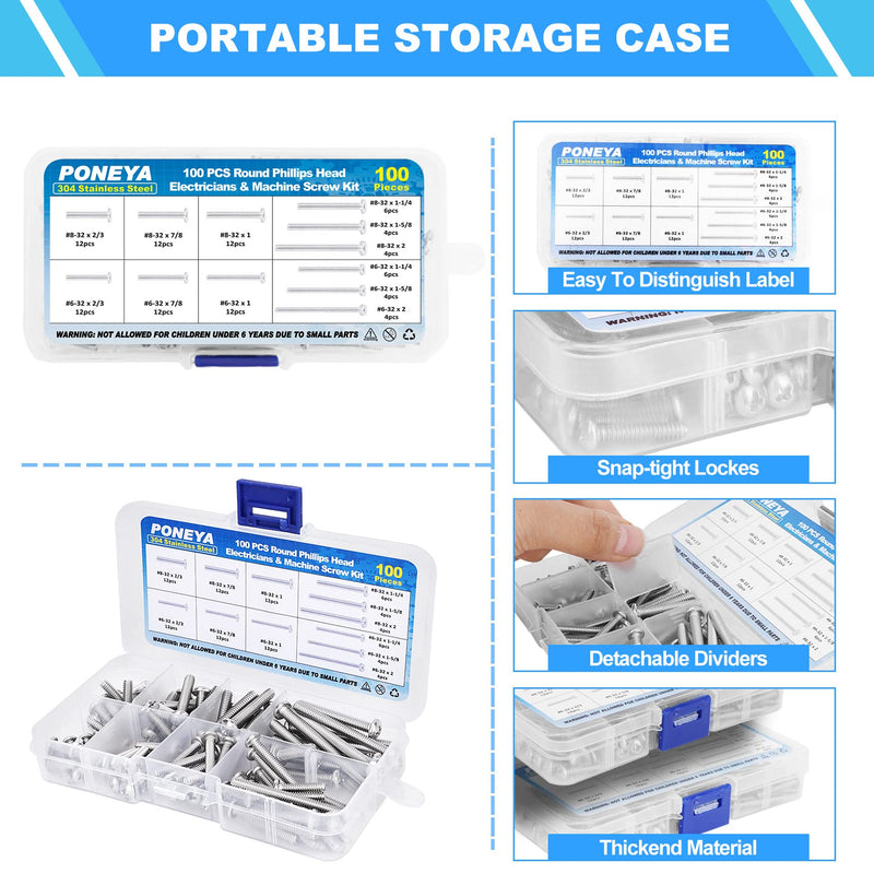 [Australia - AusPower] - Machine Screws, 100 PCS Phillips Pan Head Electricians Screw Kit #6-32#8-32 Thread 304 Stainless Steel Screws for Electrical Wall Plate Switch, Receptacles Mounting Screws with Storage Case 