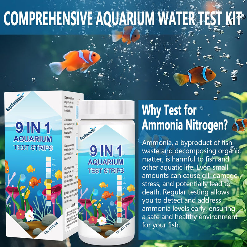 [Australia - AusPower] - Aquarium Test Strips for Fish Tank: 9 in 1 Aquarium Ammonia Test Strips for Fish Tank - 125 Counts Aquarium Water Test Kit Testing Ammonia Nitrogen, Copper, pH and More 9 in 1 - 125 Strips (ammonia included) 