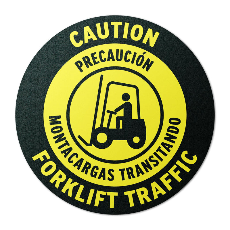 17" x 17" Round Yellow Bilingual Caution Forklift Sign | Round, Yellow Floor Sticker, Work & Warehouses, Construction Sites, Distribution Centers 2 Pack Caution Forklift Traffic (Bilingual)