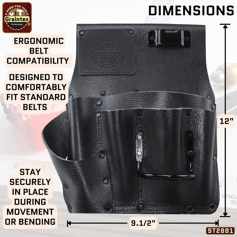 Graintex Drywall Pouch Heavy Duty Top Grain Leather, Steel Hammer Holder, Drywall Tool Belt, Framers Tool Pouch, Construction, Carpenter, Electricians, Ideal for Tradesmen Black Rugged Right Handed