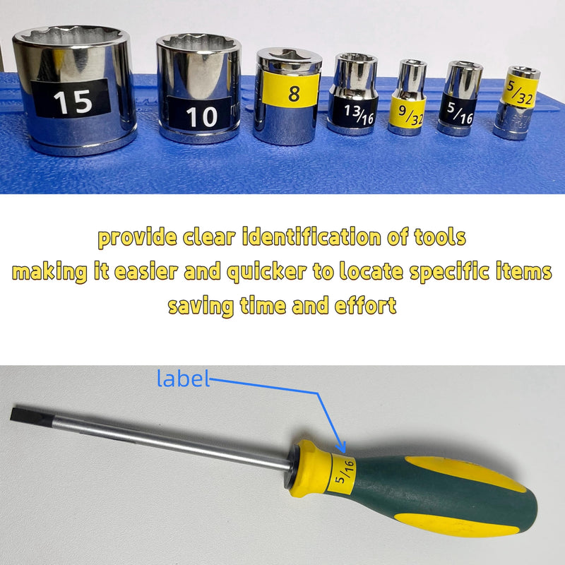 [Australia - AusPower] - Tool Labels, 6 Sheet(180 pcs/Sheet) Total 1080 pcs Wrench Socket Screwdriver Size Stickers for Toolbox Sets Decals Tools Labeling Organization, Black Yellow Black & Yellow 