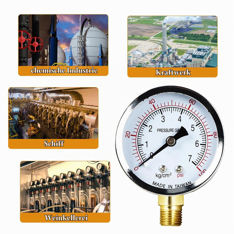 Vacuum gauge BSP 1/4 inch, 60 mm well pump pressure gauge, 0-7 bar, 0 ~ 100 psi with 2 pieces socket 1/4 inch to 3/8 inch, 1/4 inch to 1/2 inch, a Teflon tape, for water, oil, air, air and others