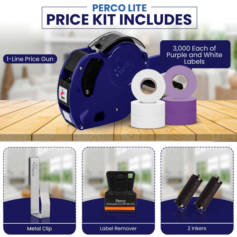 Perco Lite 1 Line Price Gun Kit for Retail Business – Includes 2 White Rolls, 4 Purple Rolls, Gun Clip & Ink Rollers – Pre-Loaded Pricing Gun w Labels & Ink