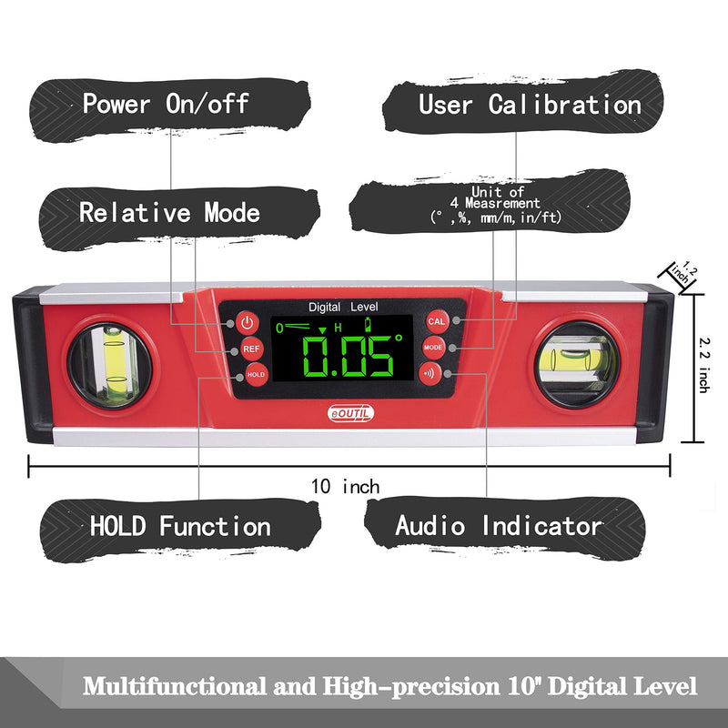 [Australia - AusPower] - Digital Angle Finder and Level Gauge 10 Inch - Magnetic Level with Neodymium Magnets & V-Groove Base, IP54 Water Resistant, Bright LED Display, Carrying Bag for Precision Engineering and Construction 