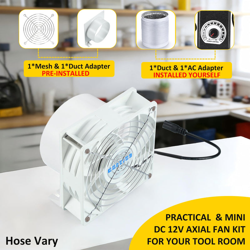 4in DC12V Fume Extractor Air Exhaust Fan Kit, White | 6.5ft Dryer Hose, 3000RPM 120*38mm, AC Controller, Dual Ball Bearings, For 3D Printer, 3D Laser, Grow Tent Model-B (with Duct Hose)