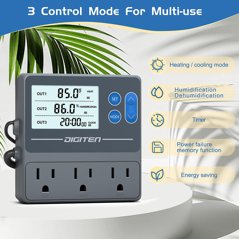 [Australia - AusPower] - Digital Temperature Humidity Controller Pre-Wired Outlets for Mushroom, Reptile, Heating/Cooling On Outlet 1, Humidifier/Dehumidifier On Outlet2, Timer On Outlet 3 