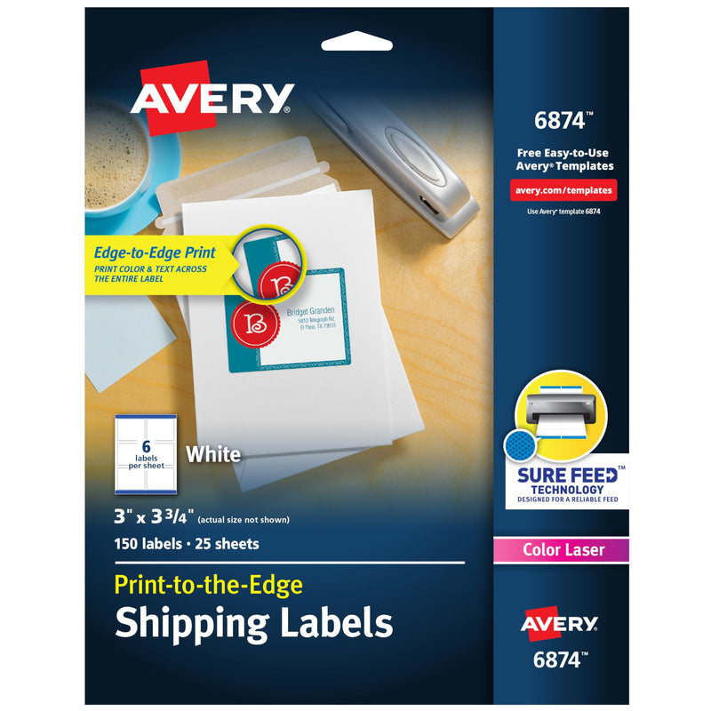 Avery Print-to-the-Edge Printable Shipping Labels, 3" x 3.75", Matte White, Sure Feed Technology, Laser & Inkjet Compatible, 150 Blank Labels, Great for Mailing, Branding, and More (6874) 1