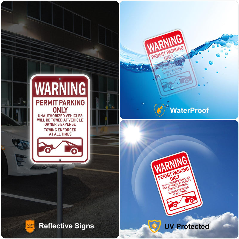 2PC Warning Permit Parking Only Sign, 18"x12"Towing Enforced Sign, Unauthorized Vehicles Will be Towed Signs, Engineer Grade Rust Free Reflective Aluminum, Fade/Weather Resistant, UV Protected