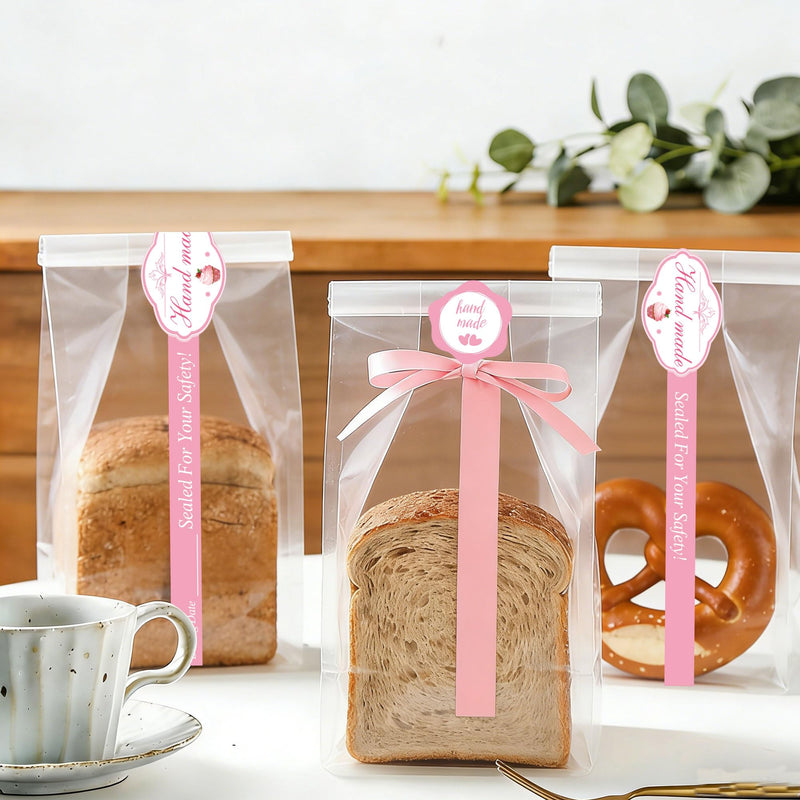 100 Pcs Handmade Food Retail Package Seal Labels 9x1'' Safe Secure Tamper Evident Labels 100Pcs Handmade Food Baking Label with 1.75 '' 100Pcs Hand Made Stickers for Cake Dessert Box Packaging Pink
