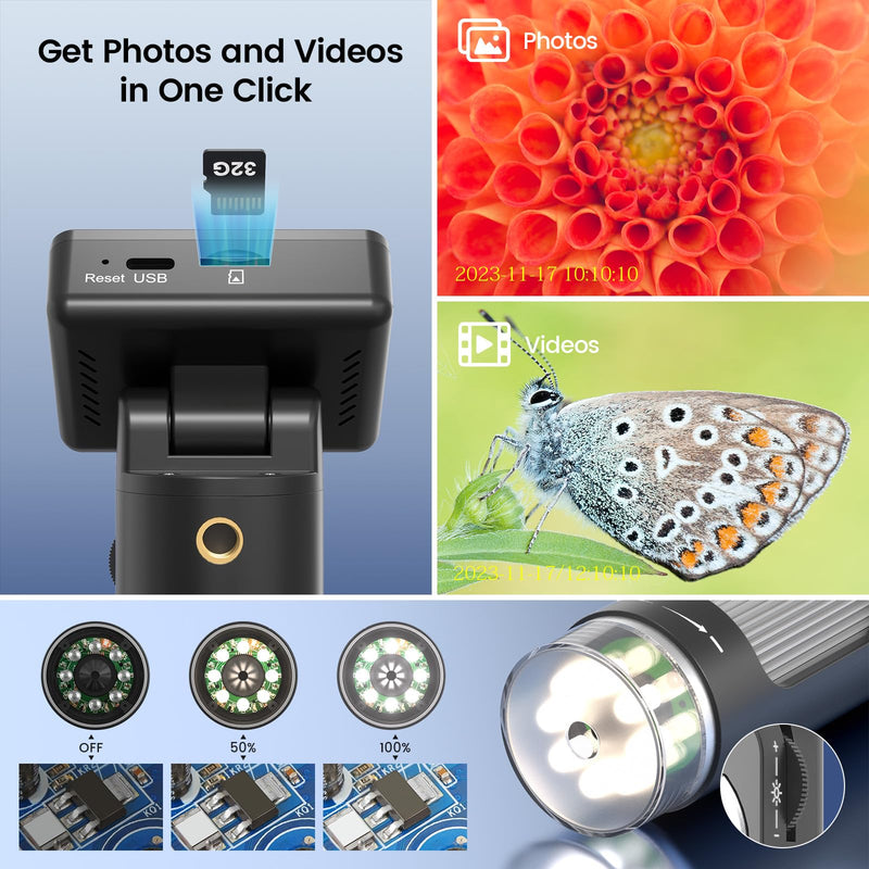 LM112 Microscope for Kids Adults Handheld with 2" Screen, 500X Portable Microscope Kit with Case, USB Magnifier with 8 LED Light, 5pcs Biological Slides, 32G