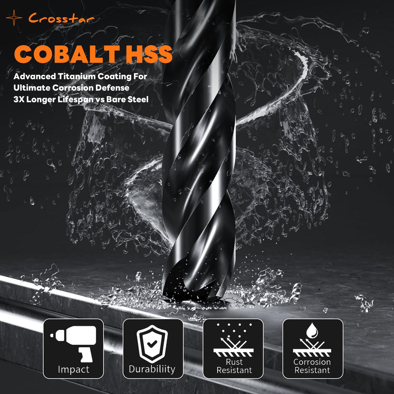 Crosstar M35 Cobalt Drill Bit Set for Hardened Metal & Stainless Steel - Titanium Aluminum Nitride Coated (TiAlN), Three-Flute Design, 10pcs 1/4" Metal Drill Bits 10pcs(1/4in)