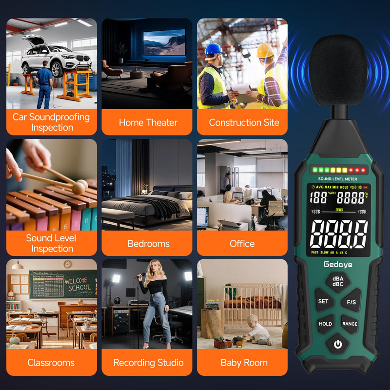 [Australia - AusPower] - Rechargeable Decibel Meter, Gedaye Sound Level Meter, A/C Weighted SPL Meter, Portable Noise Measure Device Range 30-130dB, Noise Detector Sound Monitor Decibel Reader Classroom Factory Noisy Neighbor Green 