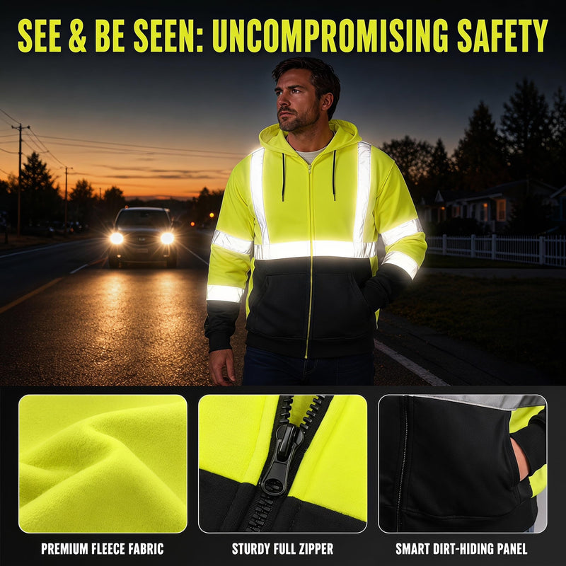SRsafety Hi Vis Safety Hoodie Fleece Reflective Class 3 Sweatshirt | Hi Vis Pullover Hoodie Black Bottom Utility Pockets & Drawstring Hood XX-Large Lime Zipper