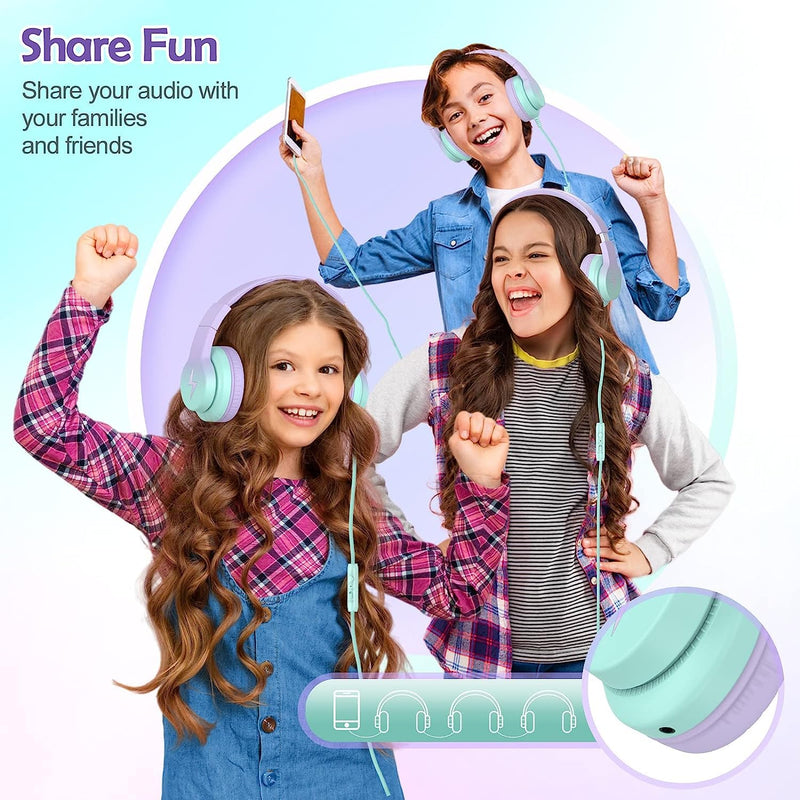 [Australia - AusPower] - Kids Headphones, Wired Headphones for Kids Over Ear with Microphone, 85/94dB Volume Limiter Headphones for Girls Boys with Sharing Jack, Foldable Headphones for Online Study,Gradient Purple Light Purple 