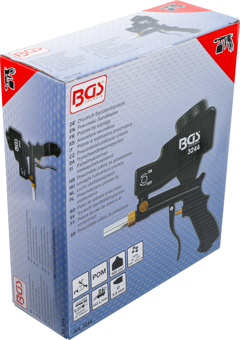 BGS 3244 Compressed Air Sandblasting Gun, 600 cm³ Container, ABS Housing | Air intake 6.3 mm (1/4 inch), air consumption 453 l/min, grain Fepa 46 to 100 (106 to 425 µm), 5 mm steel tip