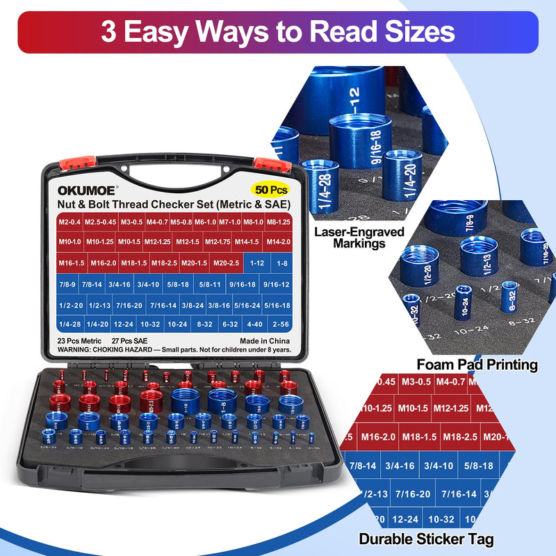 [Australia - AusPower] - 50Pcs Thread Checker, Bolt Size Finder Nut and Bolt Thread Checker, 23 Metric & 27 SAE Box Set Thread Gauge Size Checker in Narrow Area 