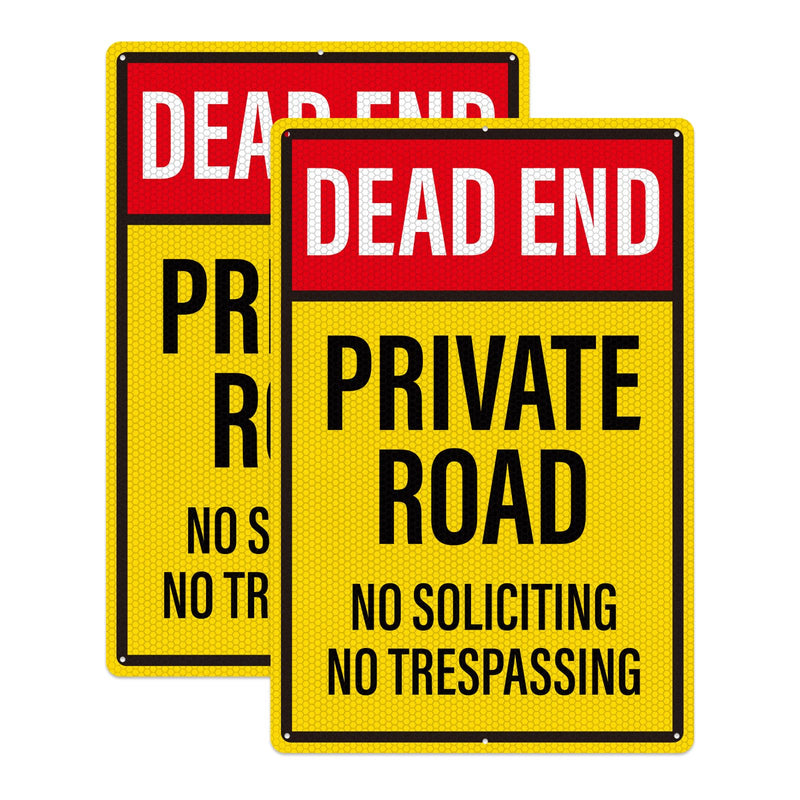 2 Pack Dead End Private Road No Trespassing No Soliciting Sign Reflective Aluminum 18 × 12 Inches Rust Free Metal Dead End Sign for Property House Outdoor