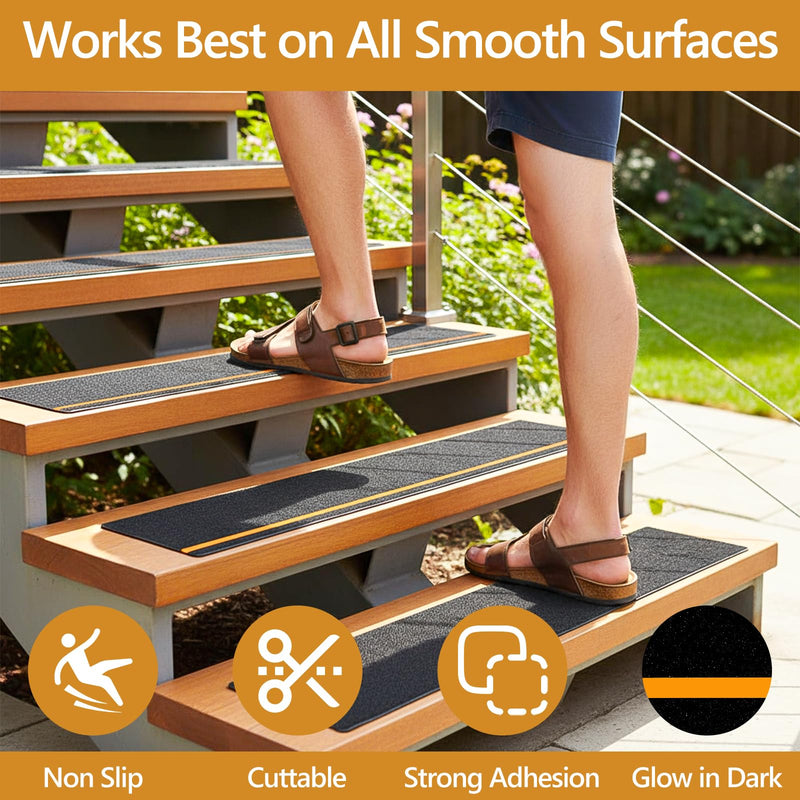 12 Pack Anti Slip Stair Tread with Reflective Stripe, 6" x 24" Black Grip Tape for Stairs, Outdoor Non Skid Tapes, Anti-Skid Tape, High Traction Friction Abrasive Adhesive for Stairs Step