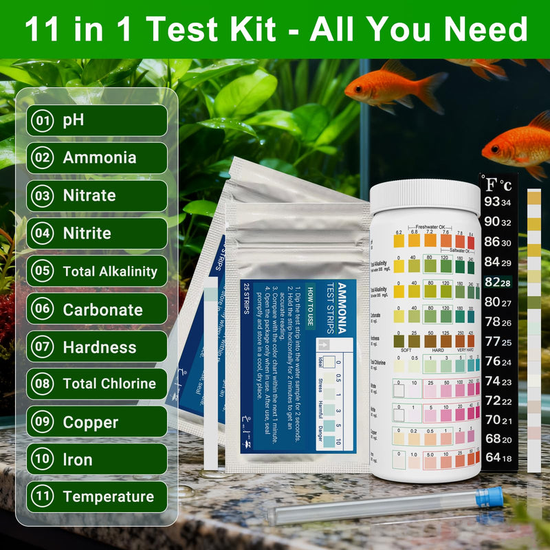 11 in 1 Aquarium Test Strips Kit | Aquarium Ammonia Test Strips | 150 Strips | Quick Accurate Freshwater&Saltwater Fish Tank Water Test Kit for Ammonia,pH,Nitrate,Nitrite,Hardness,Chlorine,Carbonate 11 in 1