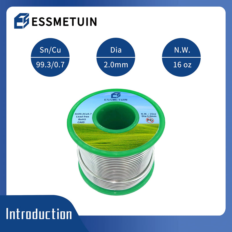 Essmetuin Lead-Free Solder Wire(Sn99.3Cu0.7) For Plumbing Solder/Stained Glass/Crafts/Jewelry 217℃ Melting Point 2.0MM No Flux,ROHS(16oz) 16.0 ounces