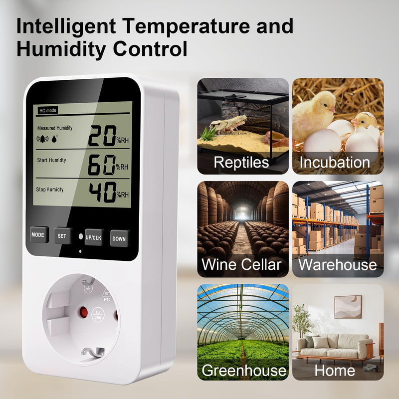 Hygrostat Socket with Sensor, Humidity Regulator / Temperature Controller Socket Humidity Controller with Alarm, Humidity Controller 16 A 230 V for Humidifier Dehumidifier Mushroom Terrarium