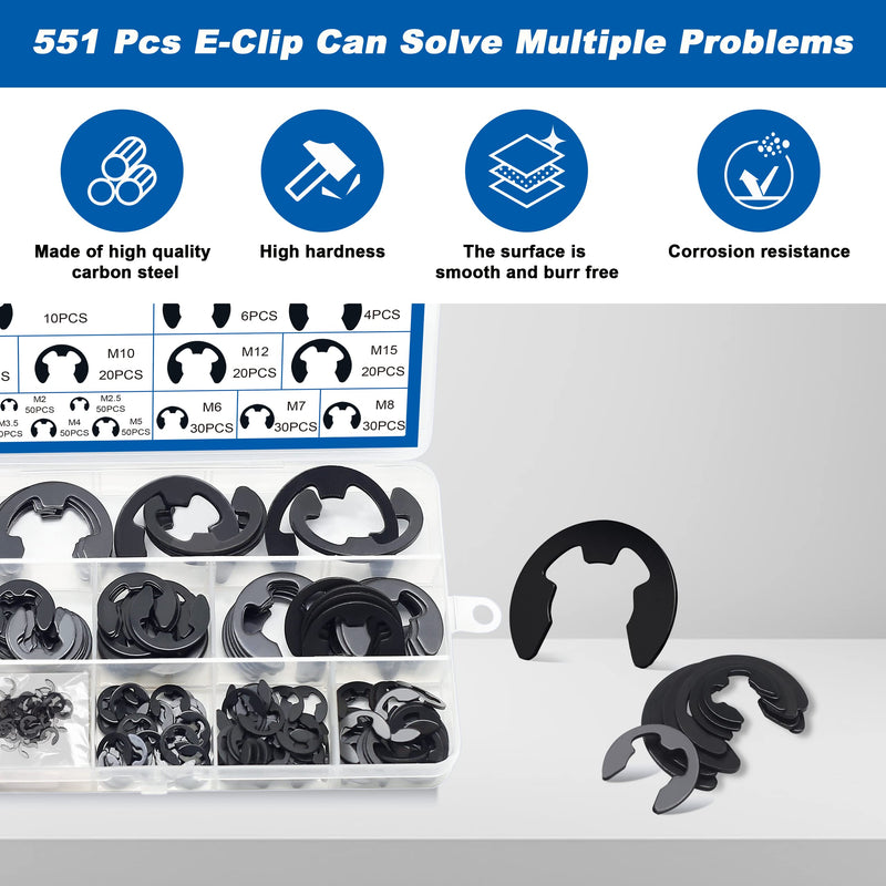 [Australia - AusPower] - E Clip Circlip External Retaining Rings Assortment Kit, 550PCS E Clips External Carbon Steel Rings and 1 PC Tweezers, Includes Sizes of M1.5-M22 551pcs E-clip 