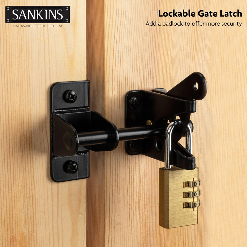 Self-Locking Gate Latch for Wooden Fence Gate Heavy Duty, Post Mount Automatic Gravity Lever Gate Fence Door Latches for Wooden Fence Secure Pool Garden Shed, Black, 2 Pcs, Normal